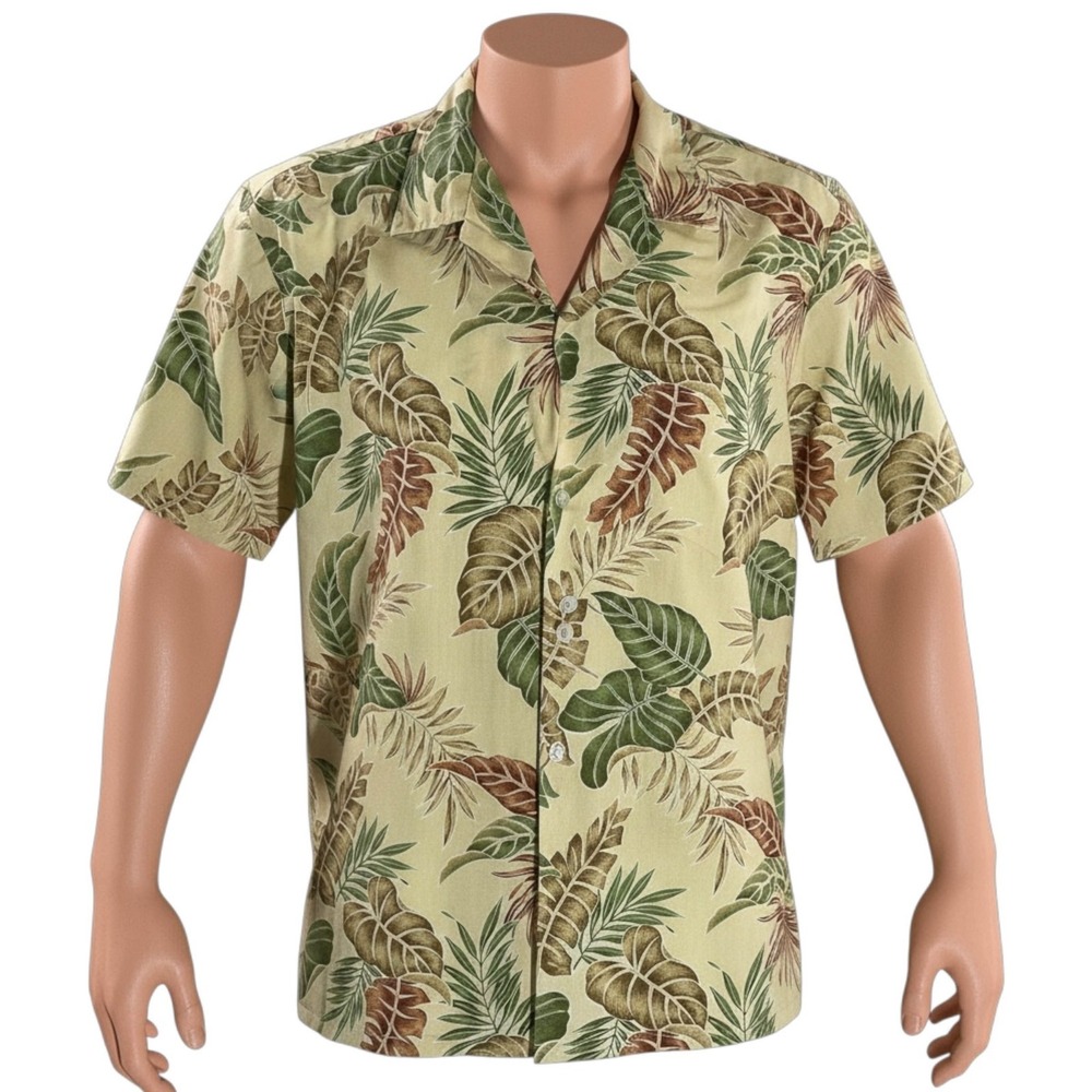 Howie Hawaiian Aloha‎ Shirt XL Floral Tropical Leaves Green Brown Pale Yellow
